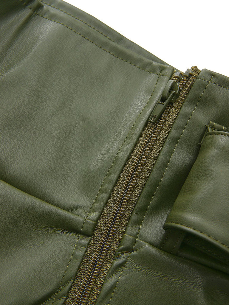 1940s High-Waist Metal Belt PU Leather Wide-Leg Pants - vintage fashion, retro style