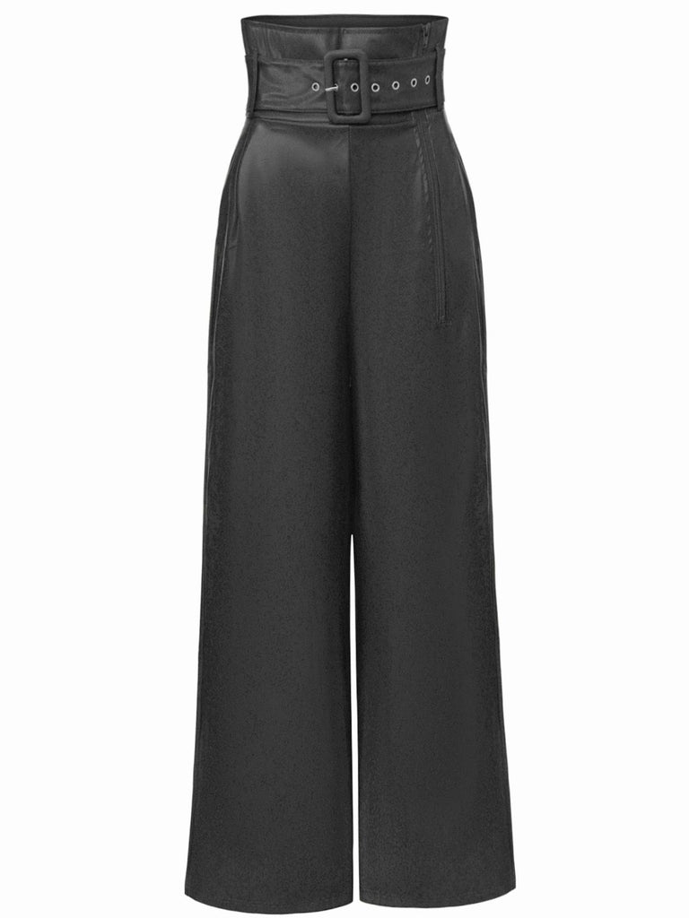 1940s High-Waist Metal Belt PU Leather Wide-Leg Pants - vintage fashion, retro style