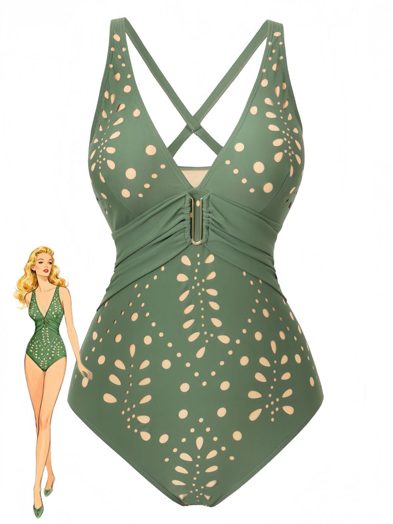 1940s Hollow Out Metal Buckle One-Piece Swimsuit 5