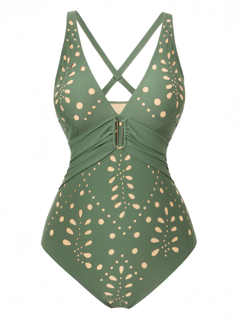 1940s Hollow Out Metal Buckle One-Piece Swimsuit