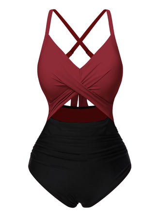 & 1940s Hollow Waist Patchwork Swimsuit — 1940s poolside glamour meets sun-drenched confidence