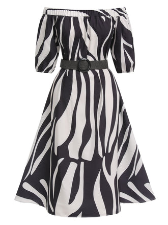 1940s Irregular Print Offshoulder Belted | 1940s | vintage dress, retro fashion