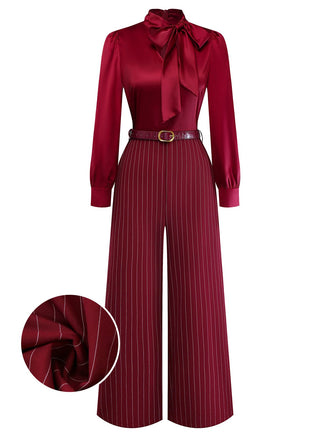 Burgundy 1940s Satin Bow Tie Striped Wide-Leg Jumpsuit - vintage jumpsuit, retro fashion