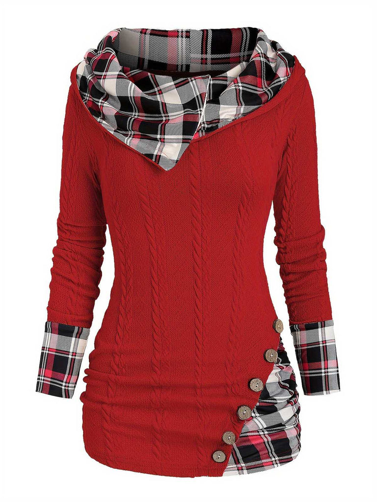 1940s Knit Plaid Button Hooded Sweater - vintage fashion, retro style