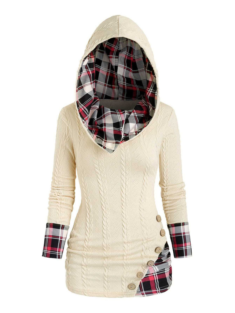 1940s Knit Plaid Button Hooded Sweater - vintage fashion, retro style
