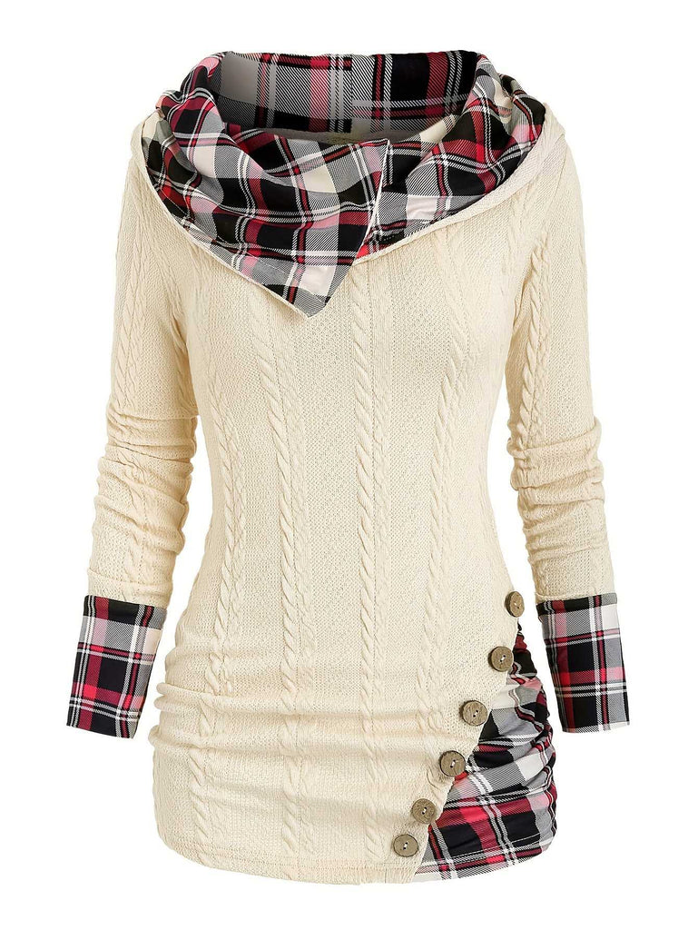 1940s Knit Plaid Button Hooded Sweater - vintage fashion, retro style