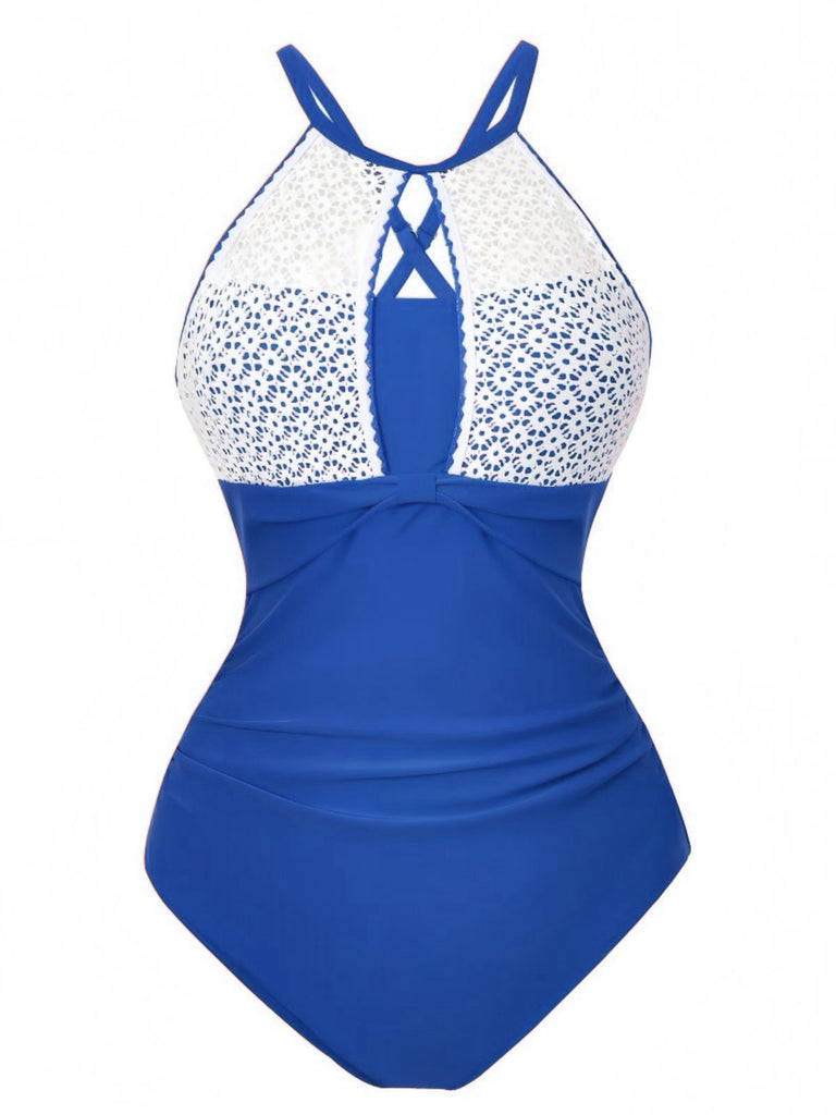 1940s Lace Patchwork Halter One-Piece Swimsuit | vintage swimwear, retro swimsuit, pin-up style - perfect for retro fashion enthusiasts
