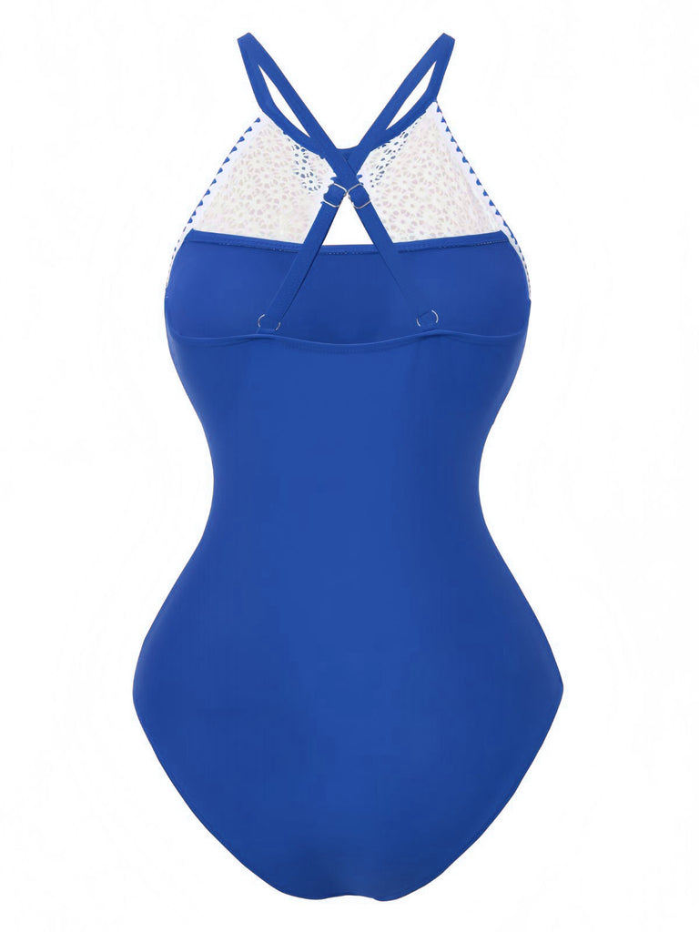 1940s Lace Patchwork Halter One-Piece Swimsuit - vintage swimwear, retro swimsuit, pin-up style for vintage lovers