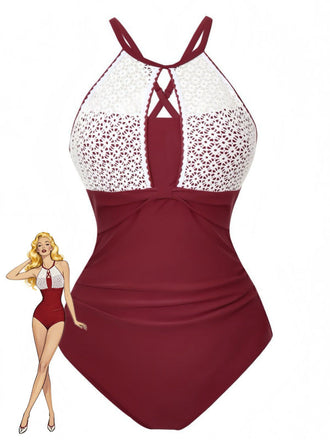 1940s Lace Patchwork Halter One-Piece Swimsuit, vintage swimsuit, pin-up swimwear - perfect for women who love vintage and retro fashion