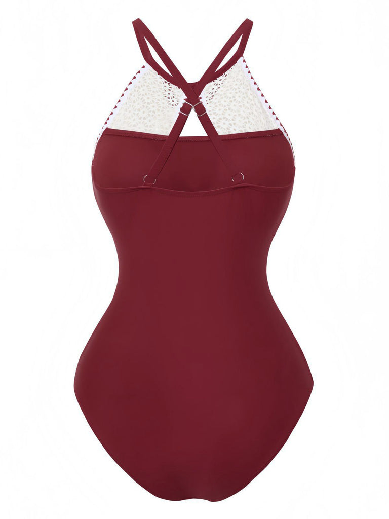 1940s Lace Patchwork Halter One-Piece Swimsuit, vintage swimsuit, pin-up swimwear - perfect for women who love vintage and retro fashion