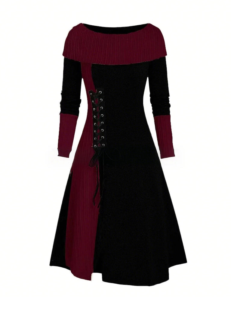 1940s Lace-Up Colorblock Off-Shoulder Dress: where 1940s romance meets her modern spirit