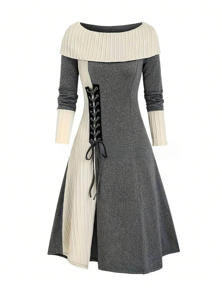 1940s off the shoulder dress 1940s Lace-Up Colorblock Off-Shoulder Dress