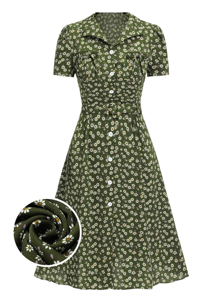 Vintage Ditsy Floral Lapel Button Tea Dress | Shirt Dress | Olive Green Vintage Ditsy Floral Lapel Button Tea Dress | Shirt Dress | Olive Green