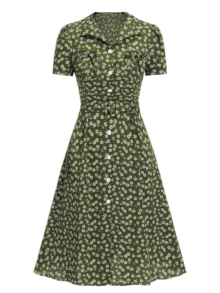 Vintage Ditsy Floral Lapel Button Tea Dress | Shirt Dress | Olive Green Vintage Ditsy Floral Lapel Button Tea Dress | Shirt Dress | Olive Green