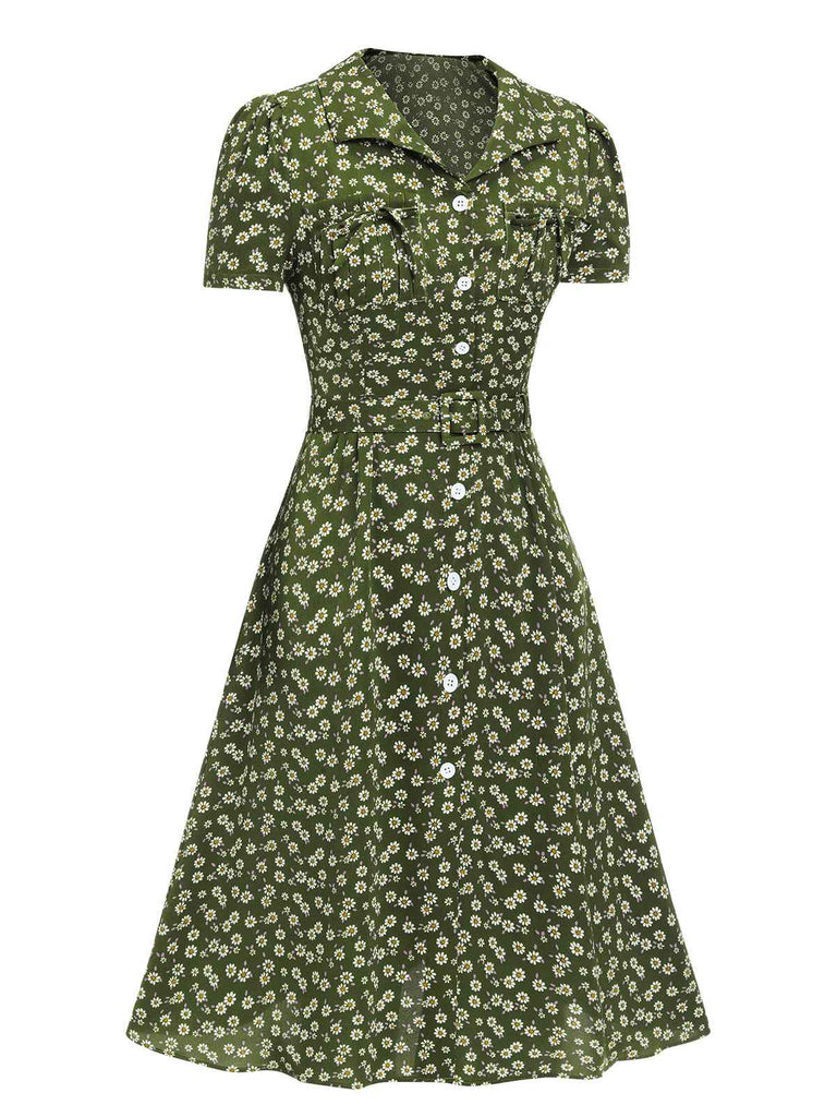 40s dresses Retro Stage Ditsy Lapel Button up Midi Dress Green