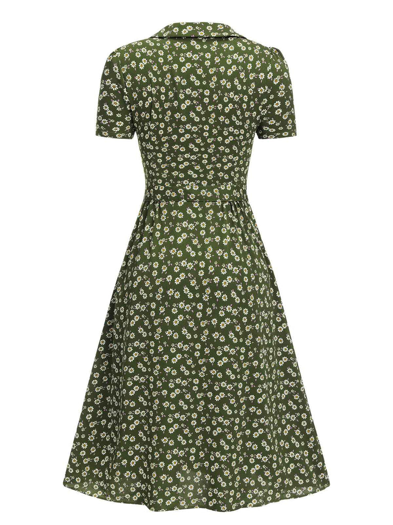 Vintage Ditsy Floral Lapel Button Tea Dress | Shirt Dress | Olive Green Vintage Ditsy Floral Lapel Button Tea Dress | Shirt Dress | Olive Green