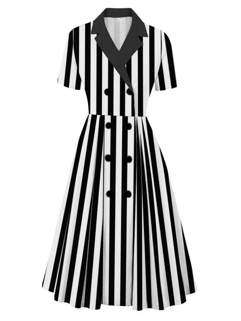 The Beetle Juice Dress Stripes Double Breasted Dress Black & White