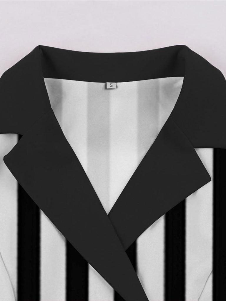 1940s Lapel Double Breasted Black & White Stripes Dress — a 1940s silhouette that turns sidewalks into runways