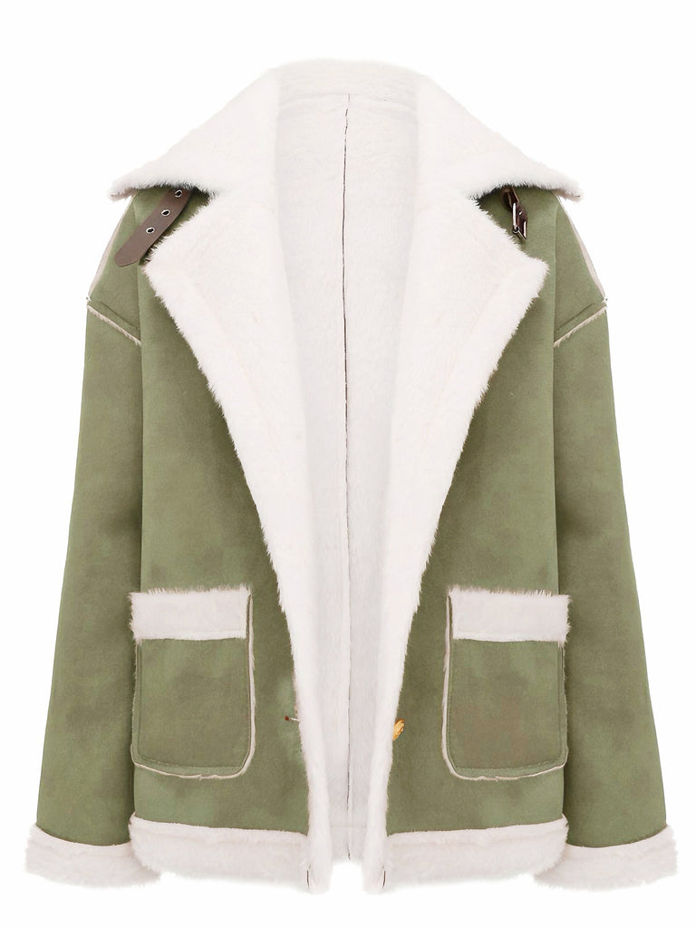 1940s Lapel Plush Buckle Pocketed Jacket - vintage fashion, retro style
