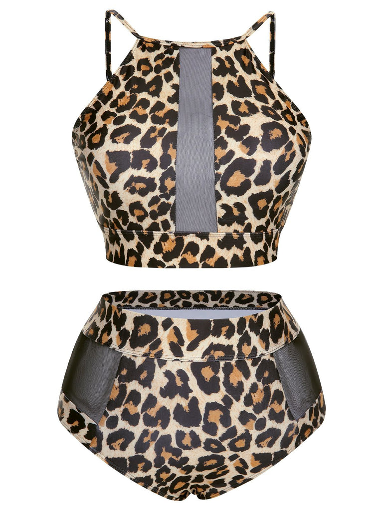 [Plus Size] 1940s Leopard Mesh Patchwork Swimsuit, vintage swimsuit, pin-up swimwear - perfect for women who love vintage and retro fashion