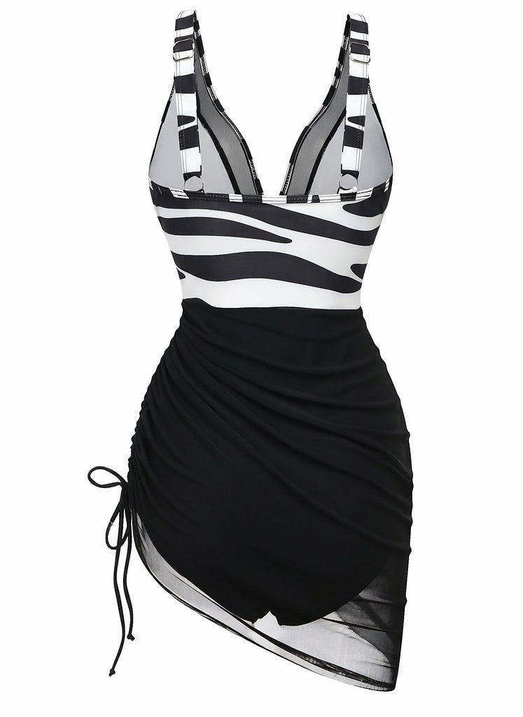 1940s Mesh Bodycon Patchwork One Piece Swimsuit