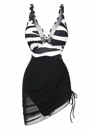1940s Mesh Bodycon Patchwork One Piece Swimsuit 6