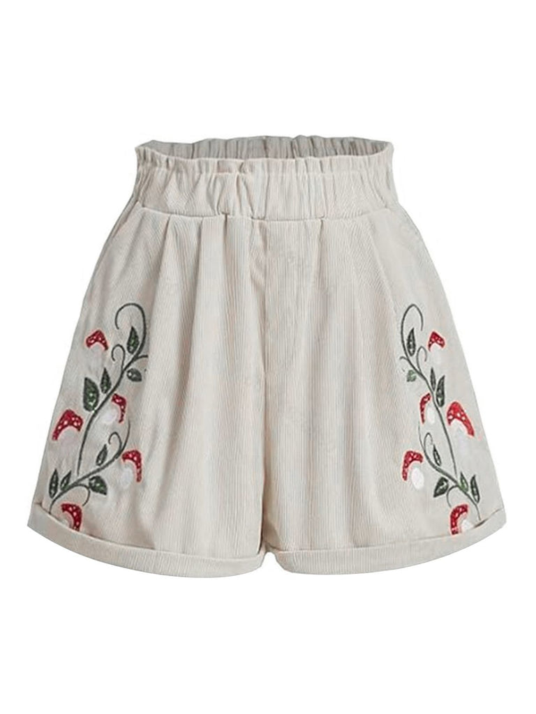 1940s Mushroom Embroidered Corduroy Shorts — 1940s
