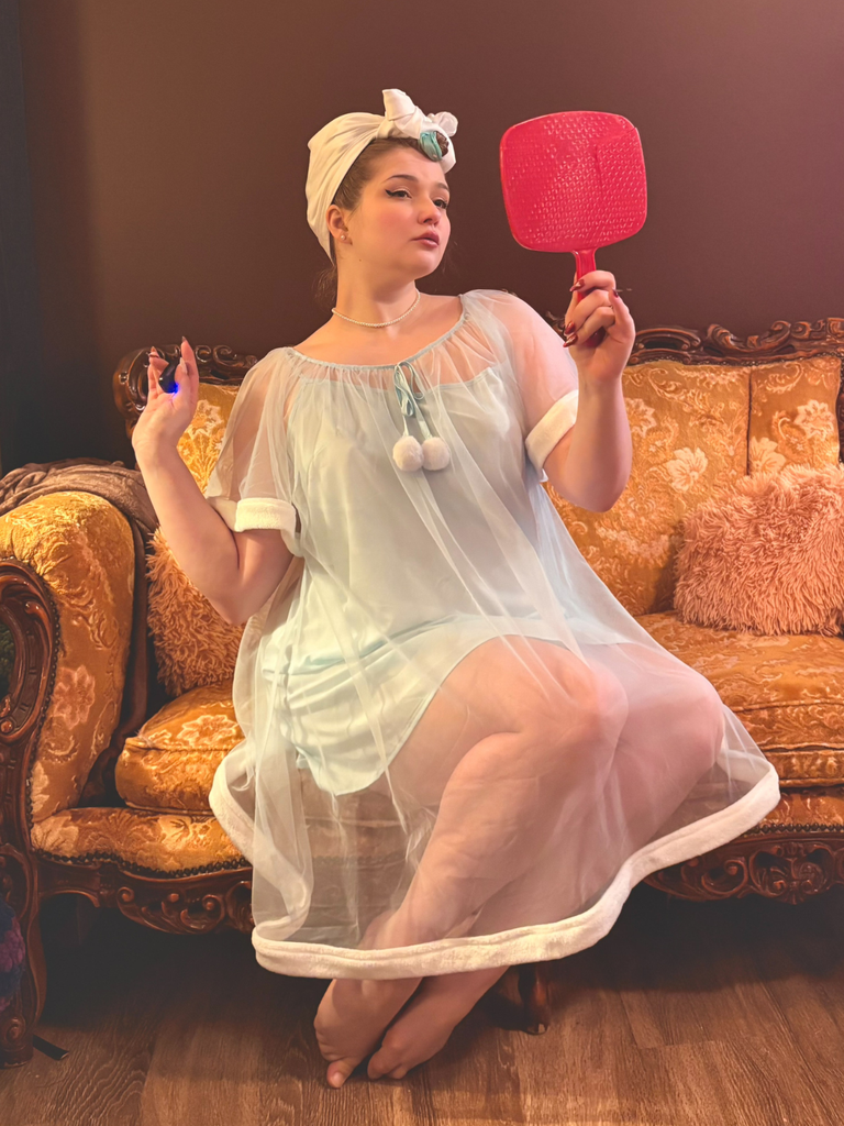 Blue 1940s Ruffle Sleeve Plush Trim Tulle Nightgown - vintage nightgown, retro sleepwear