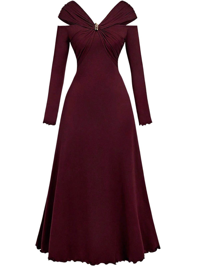1940s Off-Shoulder Long Sleeve Pleated Dress - vintage dress, retro fashion