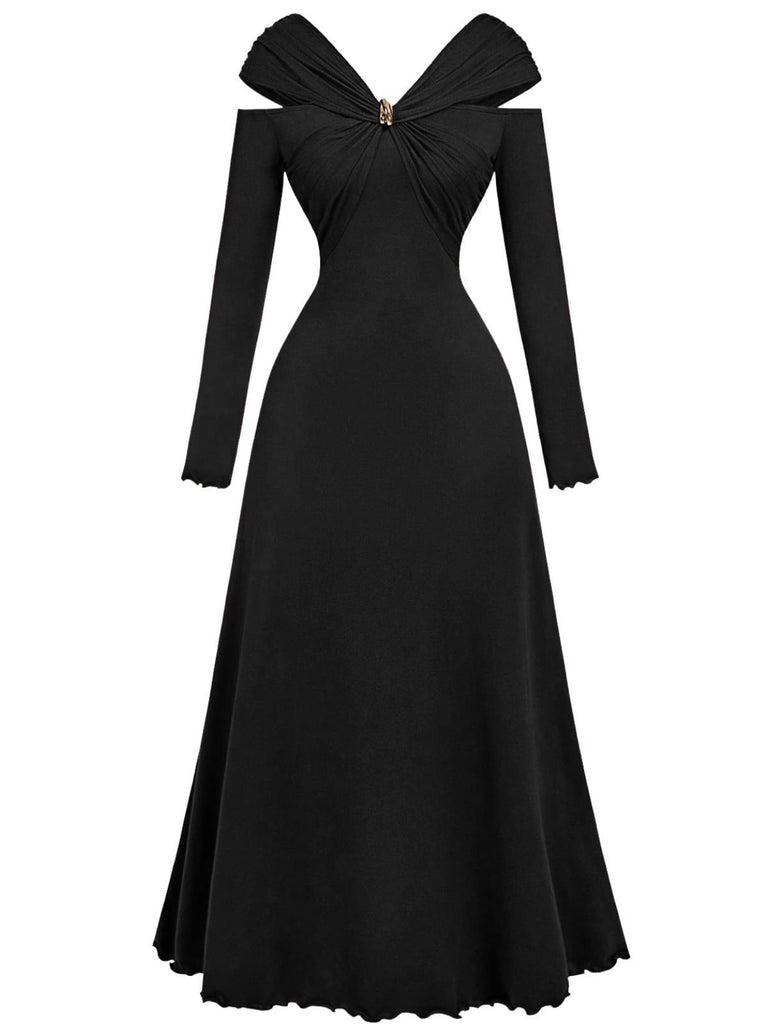 1940s Off-Shoulder Long Sleeve Pleated Dress - vintage dress, retro fashion