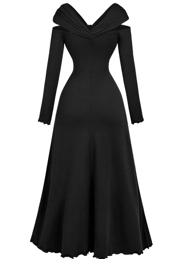 1940s Off-Shoulder Long Sleeve Pleated Dress - vintage dress, retro fashion