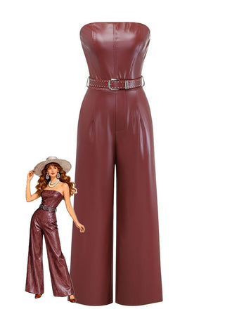 1940s PU Leather Belted Strapless Jumpsuit - vintage jumpsuit, retro fashion