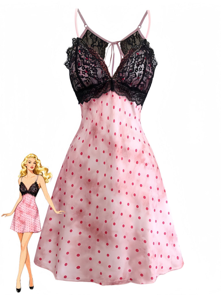 Women's Satin Polka Dot Lace Trim Backless Nightgown Nightdress