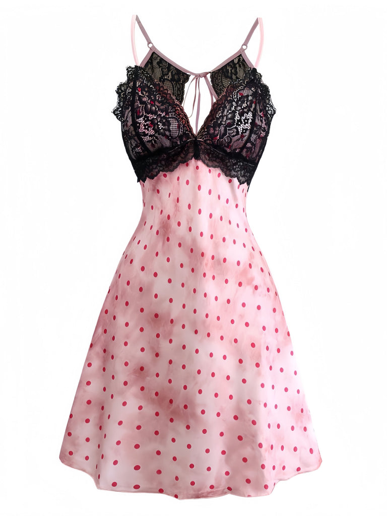 Women's Satin Polka Dot Lace Trim Backless Nightgown Nightdress Women's Satin Polka Dot Lace Trim Backless Nightgown Nightdress