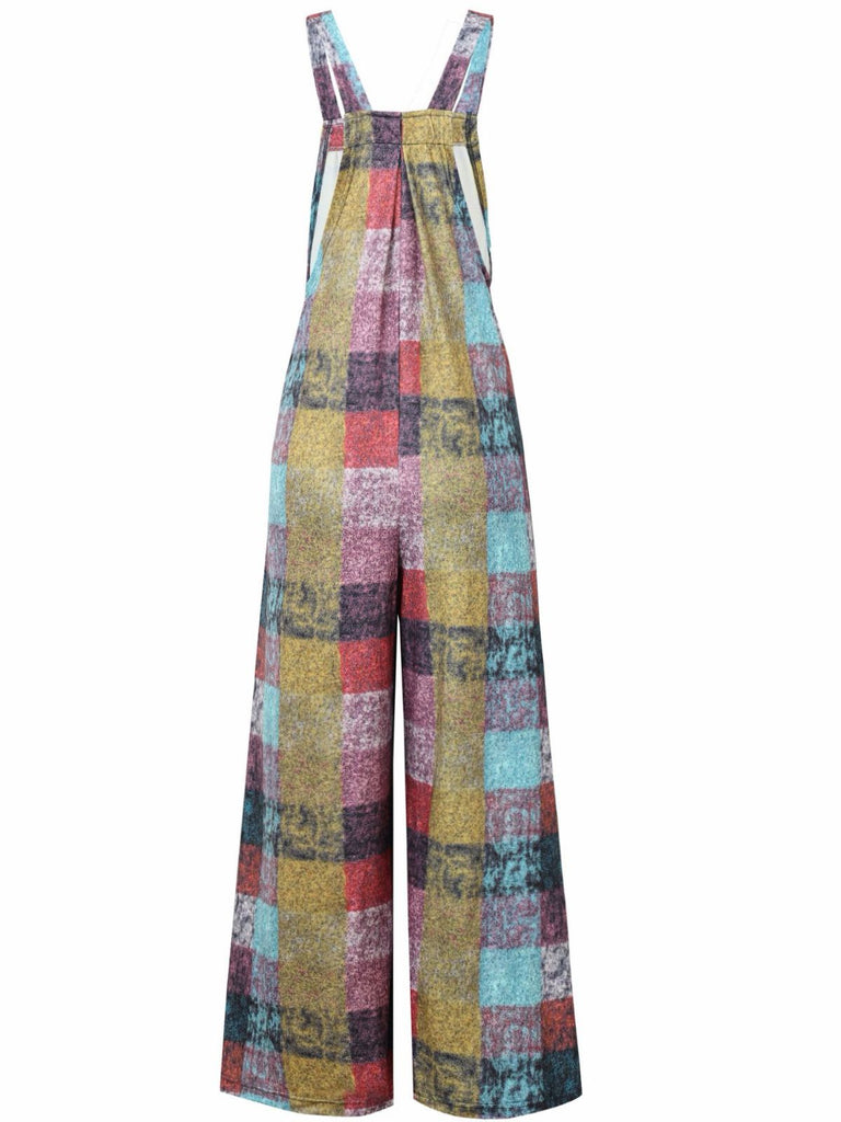 1940s Plaid Pockets Wide Legs Jumpsuit - vintage jumpsuit, retro fashion