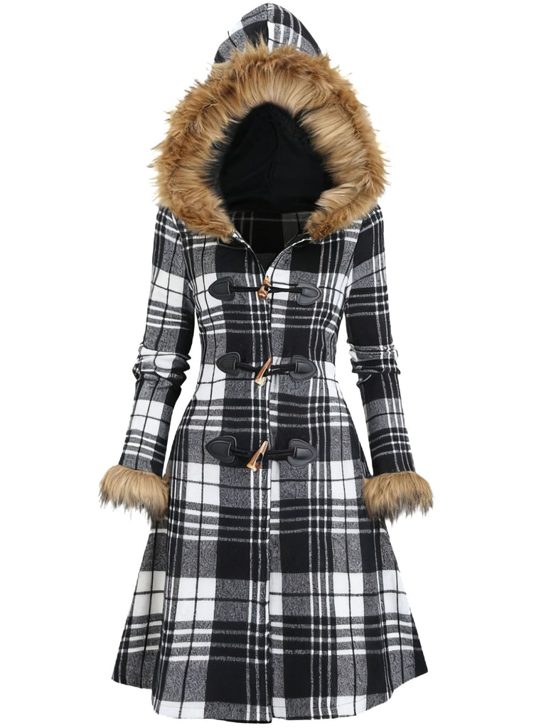 1940s Plaid Toggle Faux Fur Trim Hooded Coat - vintage fashion, retro style