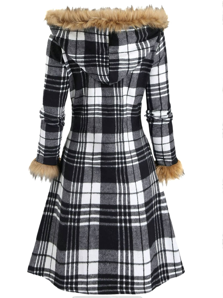 1940s Plaid Toggle Faux Fur Trim Hooded Coat - vintage fashion, retro style