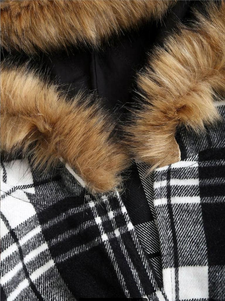 1940s Plaid Toggle Faux Fur Trim Hooded Coat - vintage fashion, retro style