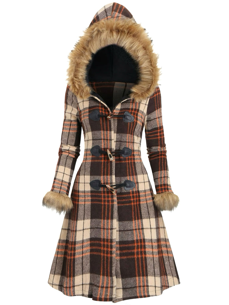1940s Plaid Toggle Faux Fur Trim Hooded Coat - vintage fashion, retro style