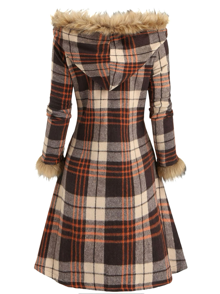 1940s Plaid Toggle Faux Fur Trim Hooded Coat - vintage fashion, retro style
