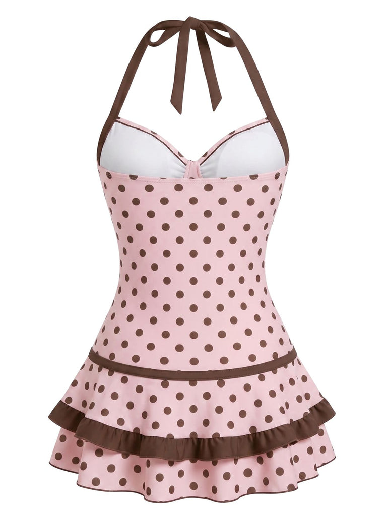 Modest Swimsuit Women's Polka Dot Halter Bow One-Piece Swimdress, Pink&Brown / S