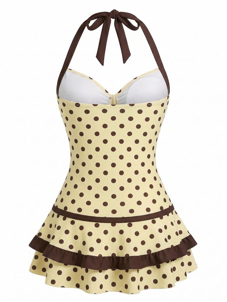 Cute Y2k Swimsuit Pink Polka Dot Halter Bow Swim Dress