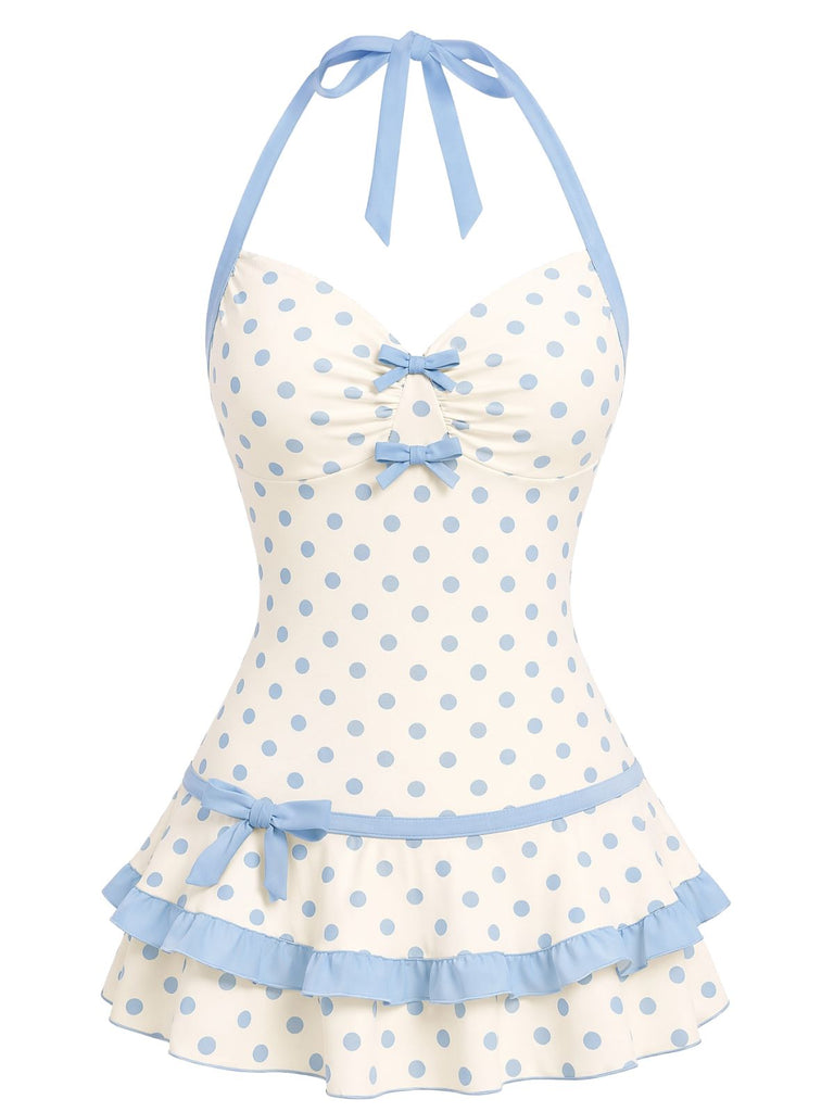 Red 1940s Polka Dot Halter Bow One-Piece Swimdress, vintage dress, retro fashion - perfect for women who love vintage and retro fashion