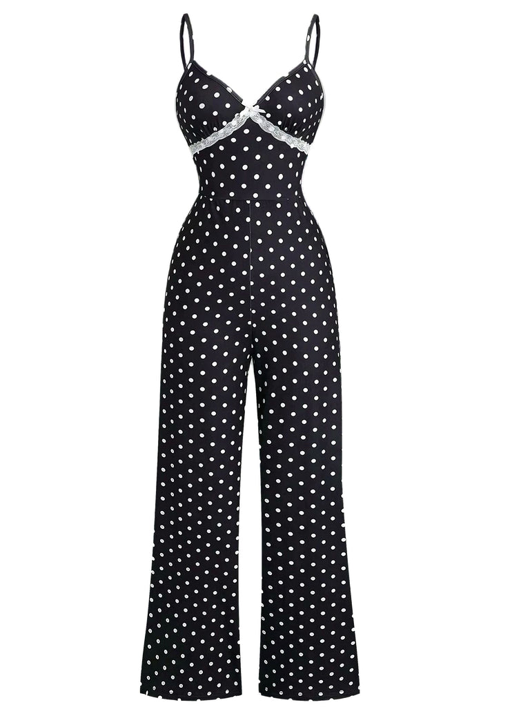 1940s Polka Dot Lace Trim Strap Jumpsuit - vintage jumpsuit, retro fashion