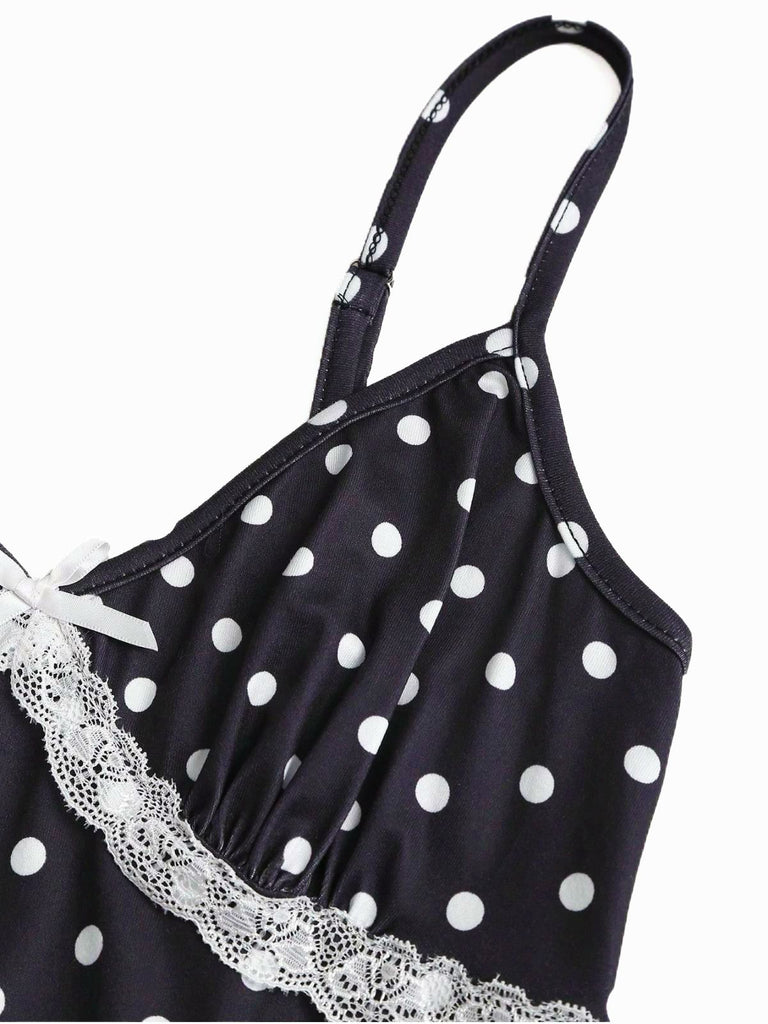 1940s Polka Dot Lace Trim Strap Jumpsuit - vintage jumpsuit, retro fashion