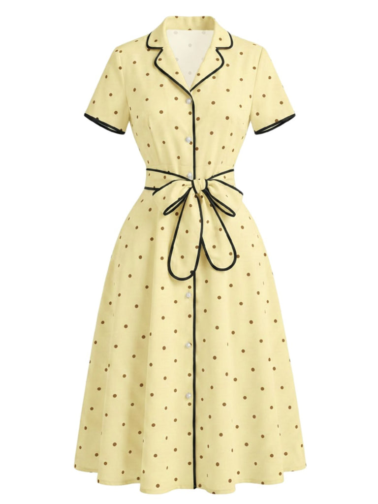 Vintage Polka Dot Notched Collar Shirtwaist Button up Midi Dress Butter Yellow