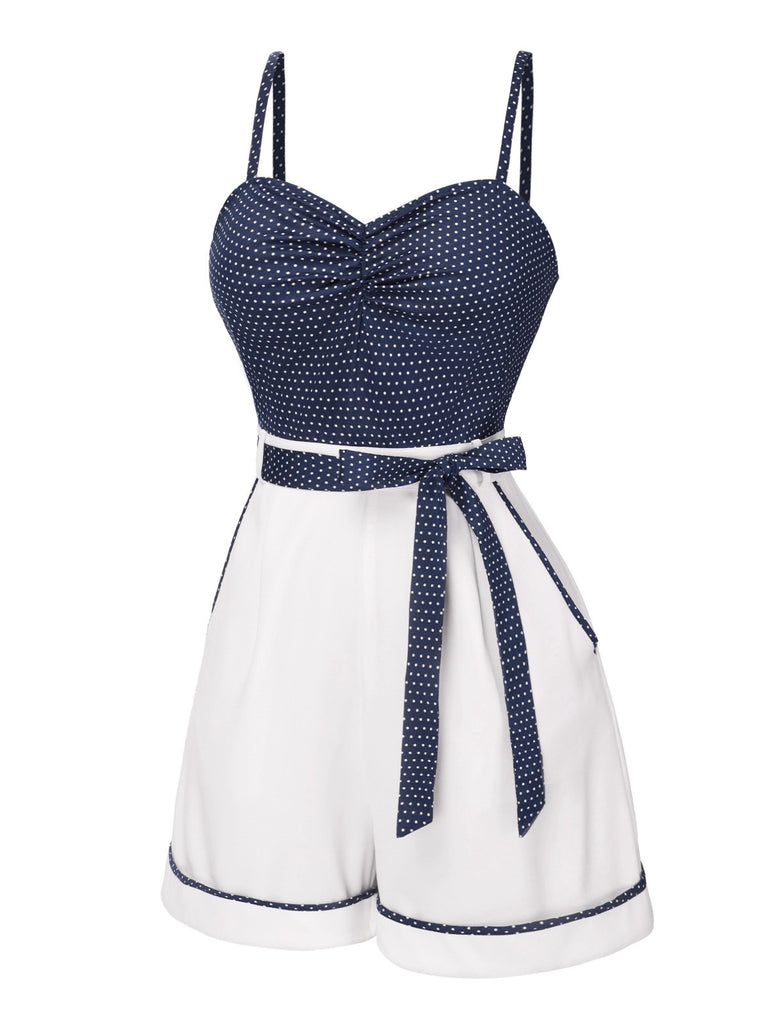 1940s Polka Dot Patchwork Suspender Romper: beautiful vintage romper, retro jumpsuit, playful style with timeless appeal