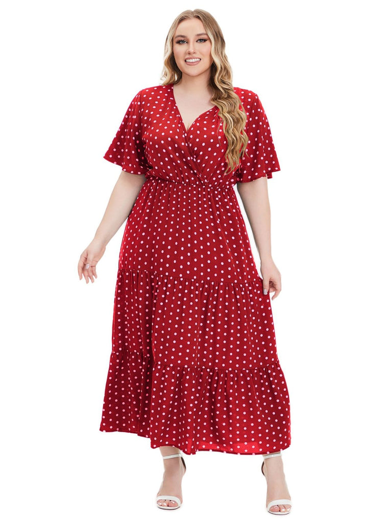 1940s Polka Dot V-Neck Short Sleeve Maxi Dress 5