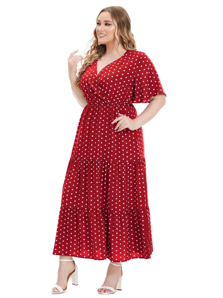 1940s Polka Dot V-Neck Short Sleeve Maxi Dress 6