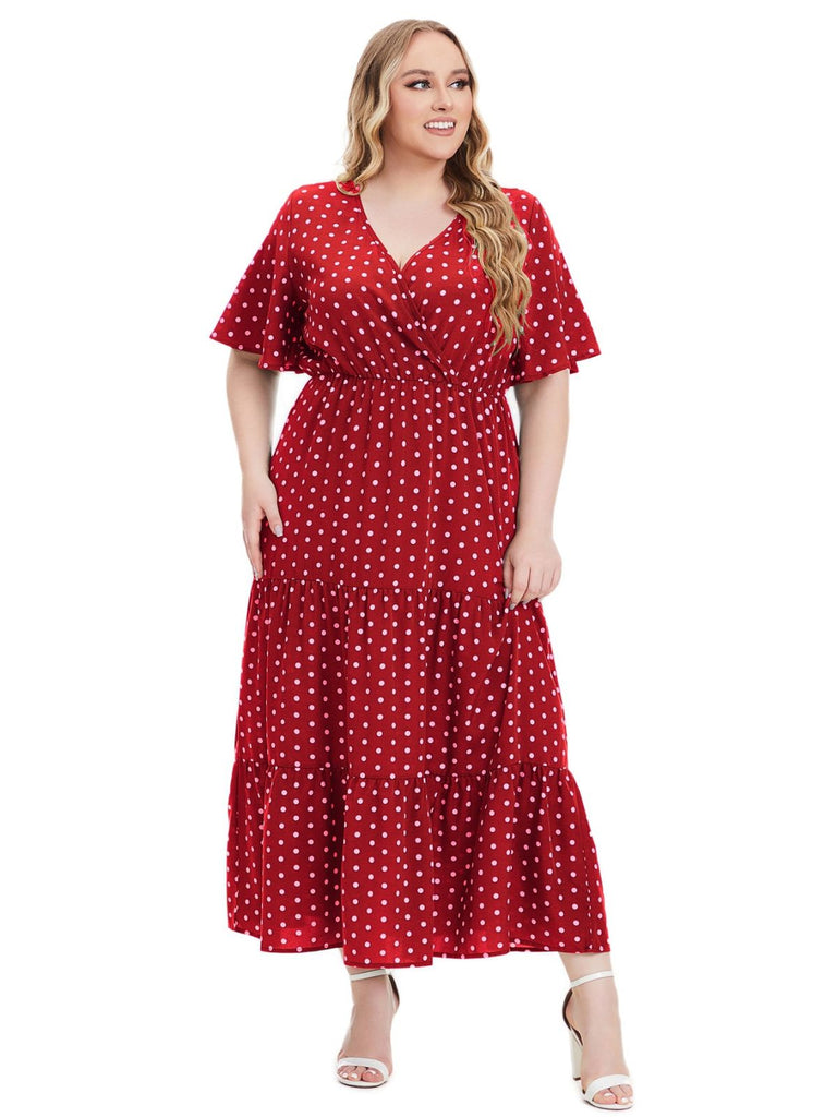 1940s Polka Dot V-Neck Short Sleeve Maxi Dress 8